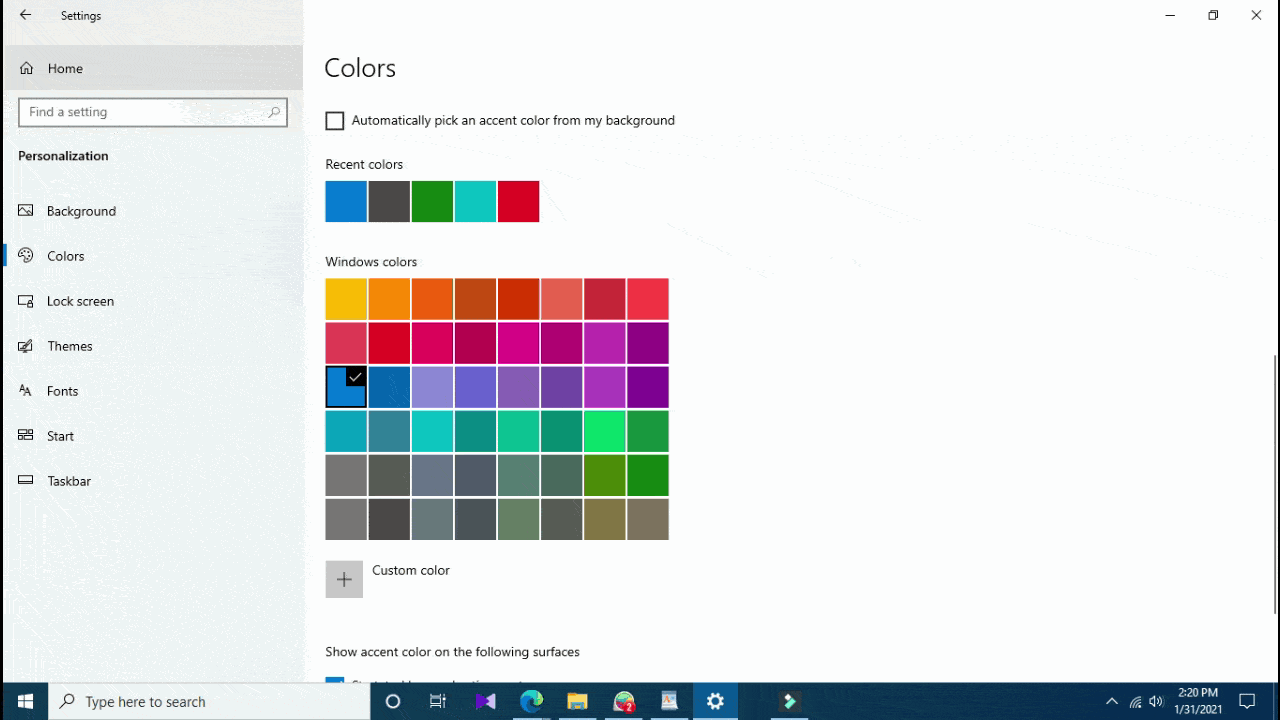 how to change Taskbar color in windows 10