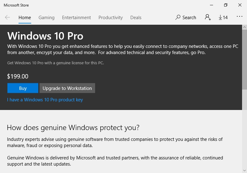purchase windows 10 from Microsoft store app
