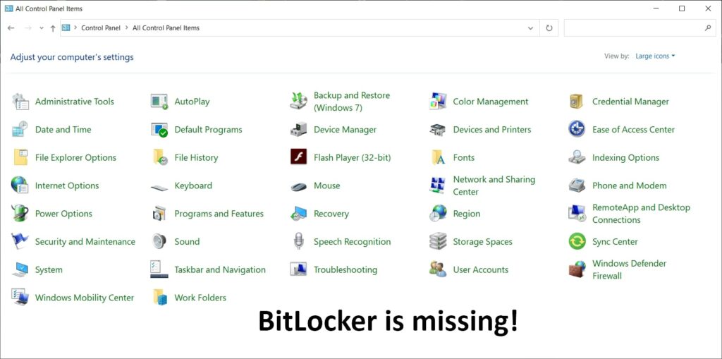 BitLocker not showing in Windows 10 control panel