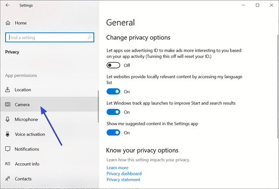 Privacy settings in Windows 10