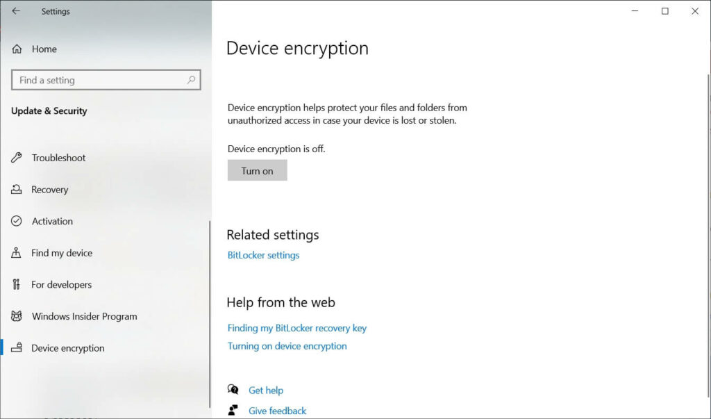 Device encryption in Windows 10 Home