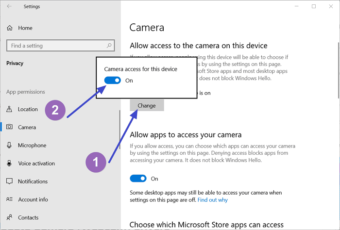 Allow access to the camera on device
