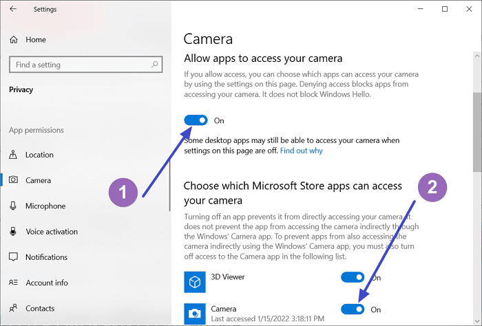 Allow apps to access the camera