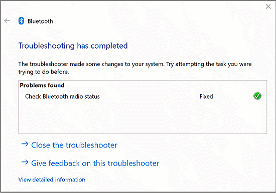 Bluetooth troubleshooting completed message