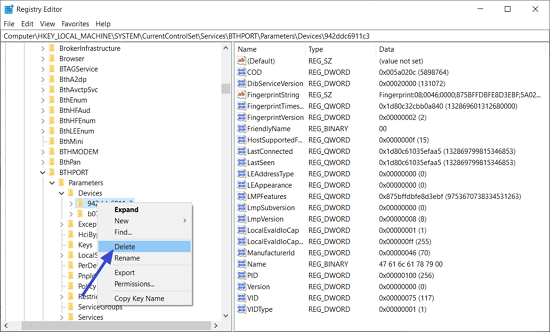 Delete Bluetooth device from registry editor