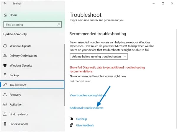 troubleshoot section in settings